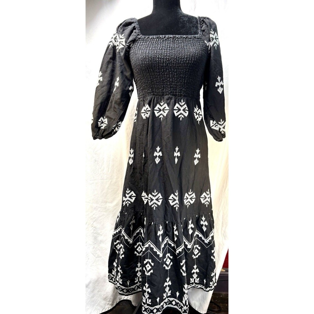 F&F Black White Geometric Smocked Square Neck Balloon Sleeve Midi Dress S size-6